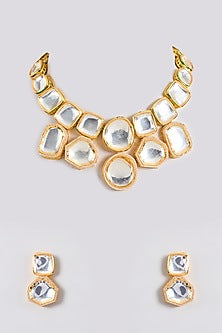 Gold Finish Kundan Polki Handcrafted Necklace Set