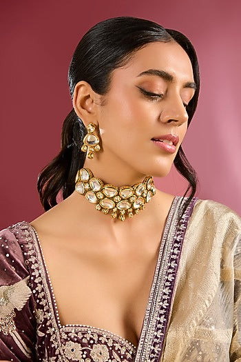 Gold Finish Kundan Polki Handcrafted Choker Necklace Set
