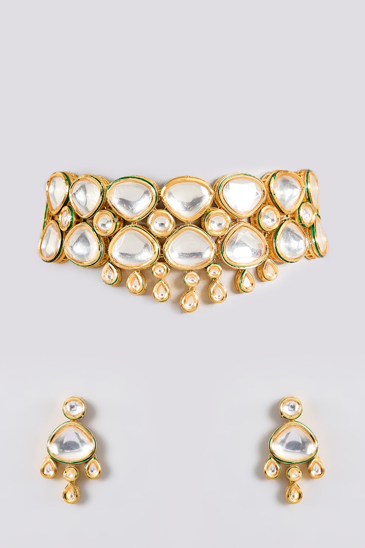 Gold Finish Kundan Polki Handcrafted Choker Necklace Set