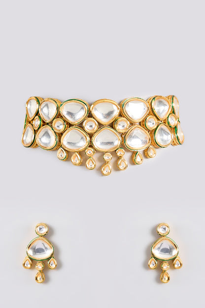 Gold Finish Kundan Polki Handcrafted Choker Necklace Set