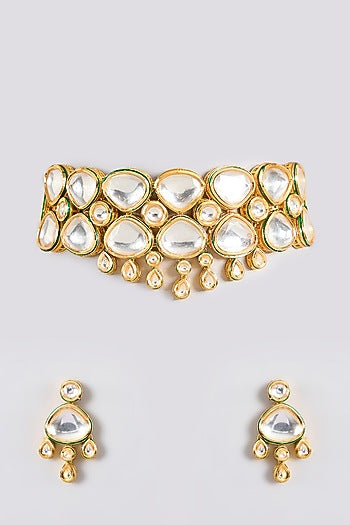 Gold Finish Kundan Polki Handcrafted Choker Necklace Set