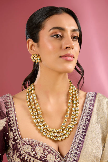 Gold Finish Kundan Polki Handcrafted Layered Necklace Set