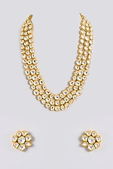 Gold Finish Kundan Polki Handcrafted Layered Necklace Set