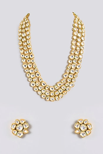 Gold Finish Kundan Polki Handcrafted Layered Necklace Set