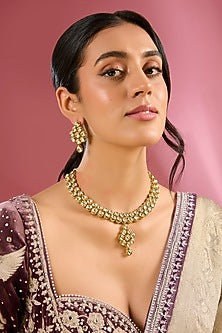 Gold Finish Kundan Polki Handcrafted Necklace Set
