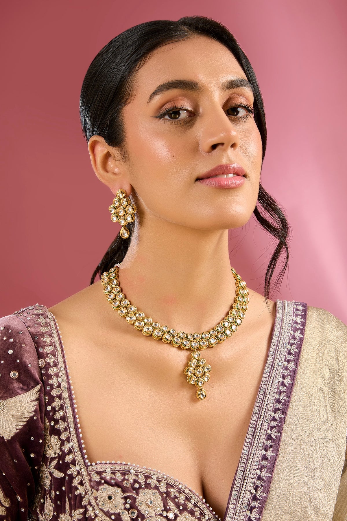 Gold Finish Kundan Polki Handcrafted Necklace Set