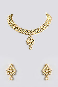 Gold Finish Kundan Polki Handcrafted Necklace Set