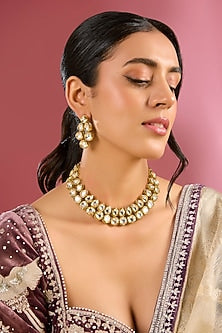 Gold Finish Kundan Polki Handcrafted Necklace Set