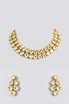 Gold Finish Kundan Polki Handcrafted Necklace Set