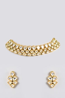 Gold Finish Kundan Polki Handcrafted Choker Necklace Set