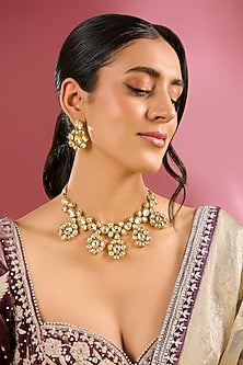 Gold Finish Kundan Polki Handcrafted Necklace Set