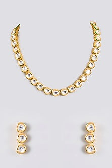 Gold Finish Kundan Polki Handcrafted Necklace Set