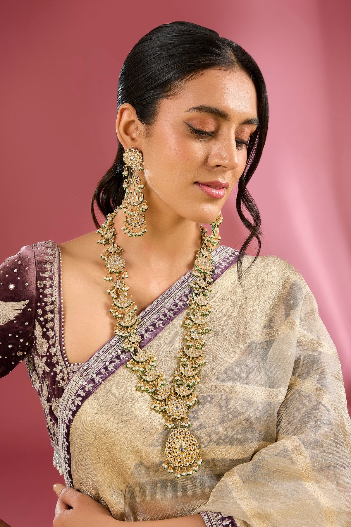 Gold Finish Kundan Polki Handcrafted Necklace Set