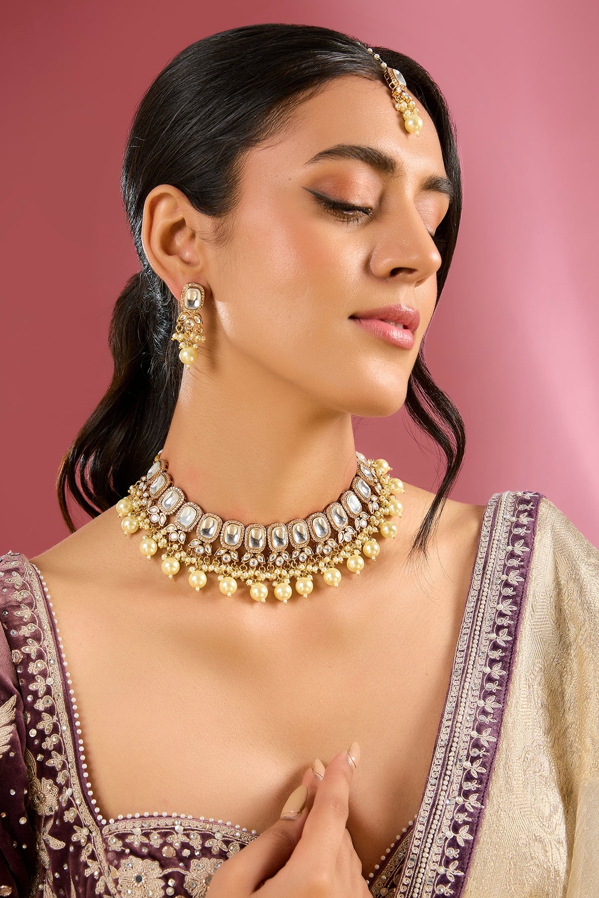 Gold Finish Kundan Polki Handcrafted Choker Necklace Set