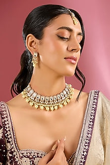 Gold Finish Kundan Polki Handcrafted Choker Necklace Set