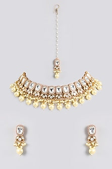 Gold Finish Kundan Polki Handcrafted Choker Necklace Set