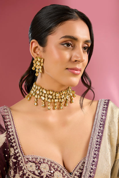 Gold Finish Kundan Polki Handcrafted Choker Necklace Set
