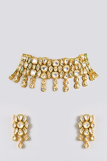 Gold Finish Kundan Polki Handcrafted Choker Necklace Set
