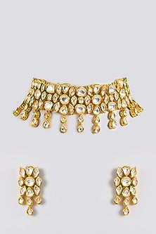 Gold Finish Kundan Polki Handcrafted Choker Necklace Set