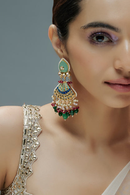 Gold Finish Kundan Polki Chandbali Dangler Earrings