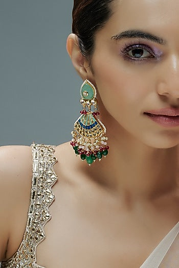 Gold Finish Kundan Polki Chandbali Dangler Earrings