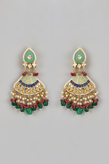 Gold Finish Kundan Polki Chandbali Dangler Earrings