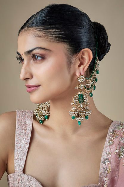 Gold Finish Green Kundan Polki & Pearl Dangler Earchains