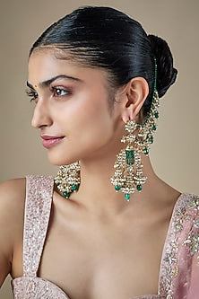 Gold Finish Green Kundan Polki & Pearl Dangler Earchains