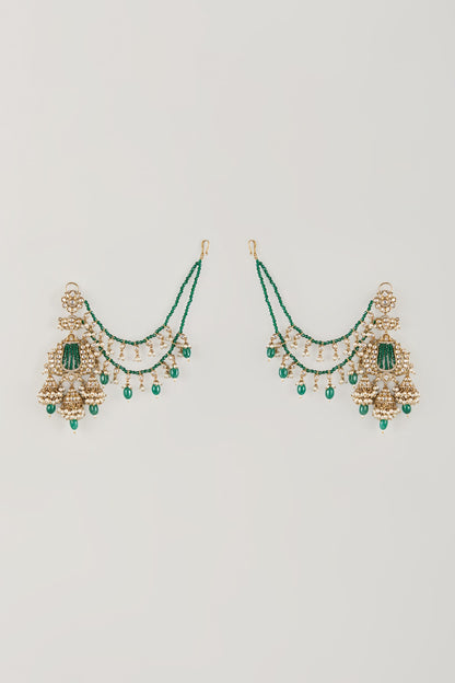 Gold Finish Green Kundan Polki & Pearl Dangler Earchains