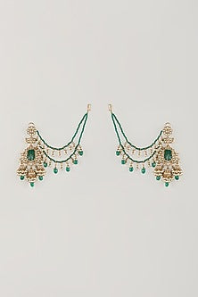 Gold Finish Green Kundan Polki & Pearl Dangler Earchains