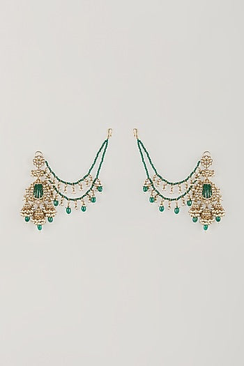 Gold Finish Green Kundan Polki & Pearl Dangler Earchains