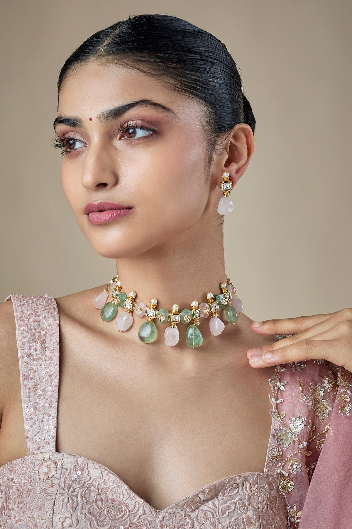 Gold Finish Green Kundan Polki & Carved Stone Choker Necklace Set
