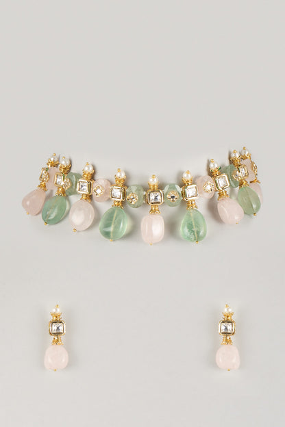 Gold Finish Green Kundan Polki & Carved Stone Choker Necklace Set