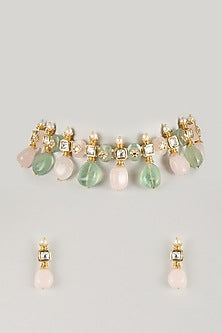Gold Finish Green Kundan Polki & Carved Stone Choker Necklace Set