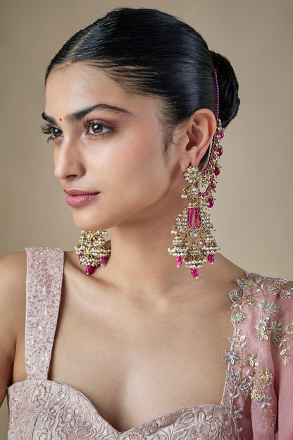 Gold Finish Pink Kundan Polki & Pearl Dangler Earrings