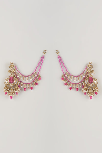 Gold Finish Pink Kundan Polki & Pearl Dangler Earrings