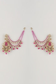 Gold Finish Pink Kundan Polki & Pearl Dangler Earrings