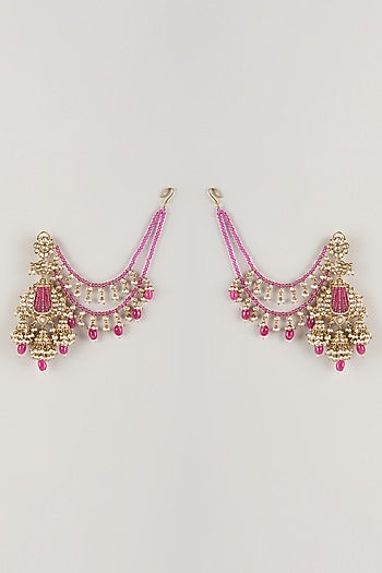 Gold Finish Pink Kundan Polki & Pearl Dangler Earrings