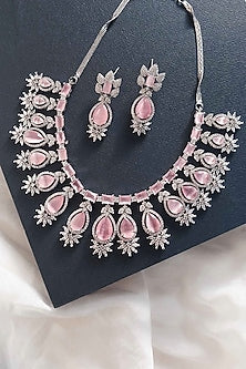 White Finish Zircon & Pink Stone Necklace Set