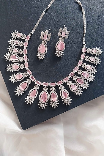 White Finish Zircon & Pink Stone Necklace Set