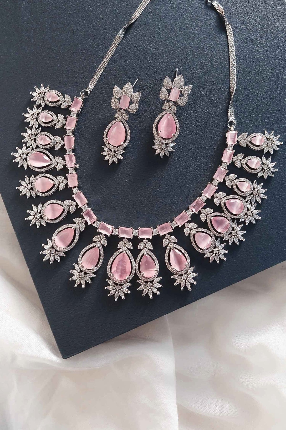 White Finish Zircon & Pink Stone Necklace Set