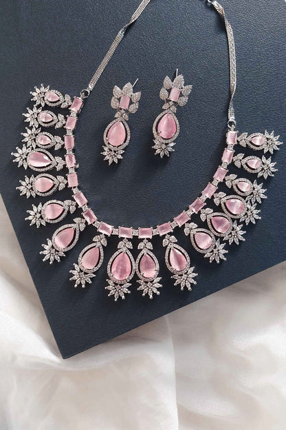 White Finish Zircon & Pink Stone Necklace Set