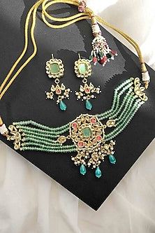 Gold Finish Kundan Polki & Green Stone Choker Necklace Set