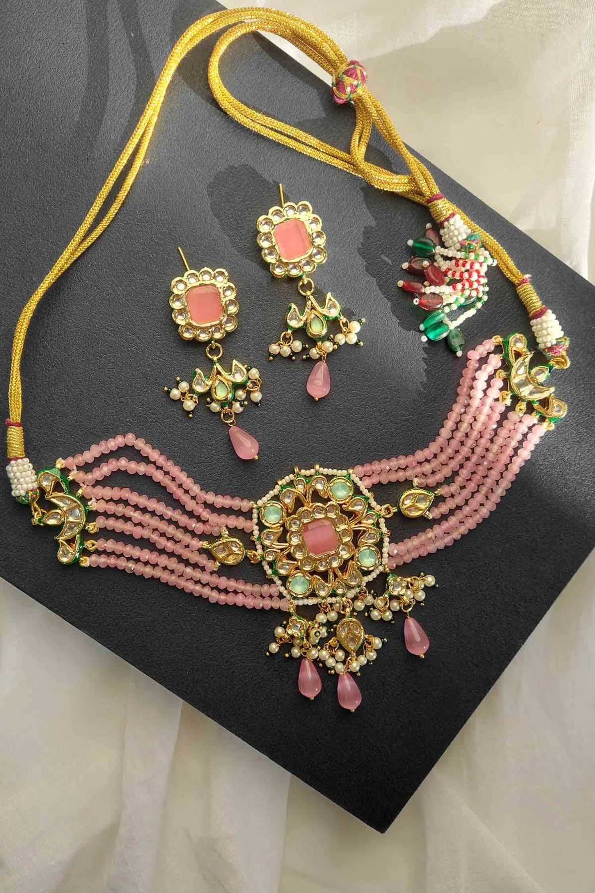 Gold Finish Kundan Polki & Pink Stone Choker Necklace Set