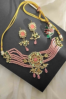 Gold Finish Kundan Polki & Pink Stone Choker Necklace Set