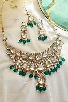 Gold Finish Kundan Polki & Green Stone Choker Necklace Set