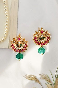 Gold Finish Multi-Colored Kundan Polki Stud Earrings