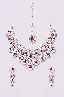 White Finish Zircon & Ruby Necklace Set