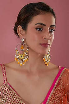 Gold Finish Yellow Kundan Polki Chandbali Earrings