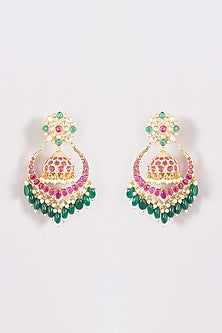 Gold Finish Pachi Kundan Polki Chandbali Earrings